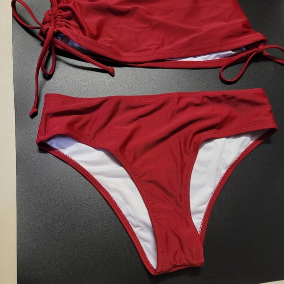 Solid Tummy Control Drawstring Side Tankini Set Red - Picture 2 of 13